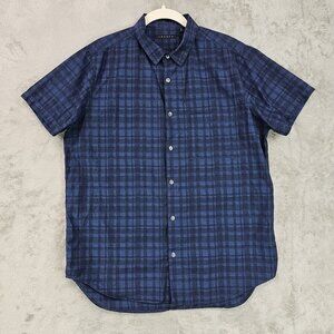 Theory Shirt Mens Size L Navy Blue Plaid 100% Cotton Casual Breathable Pocket